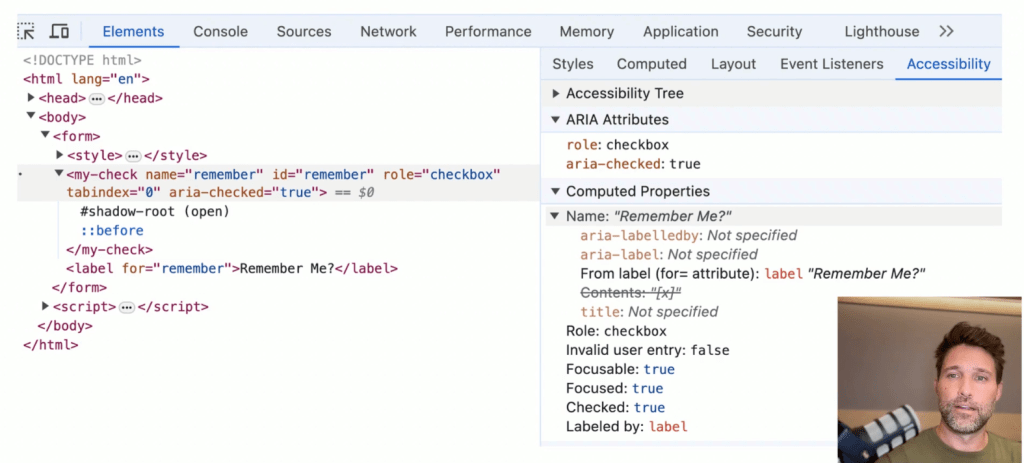 Inspecting a web component for a custom form input in DevTools, revealing the ARIA roles and attributes that were programmatically added to the component.